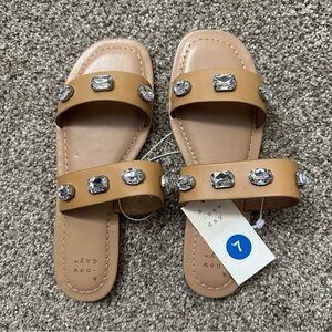 Women's Brit Two Band Embellished Sandals A New Day Tan 7 Summer Flats Beach